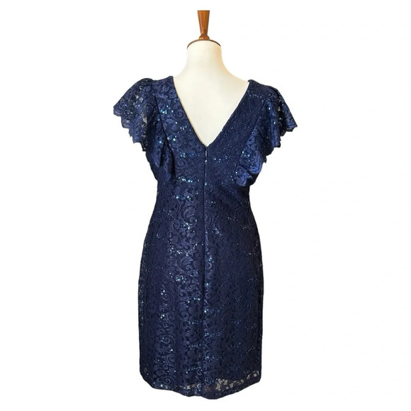 NightWay All Over Lace & Sequined Sheath Blue Dress Size 10 - Picture 2 of 10
